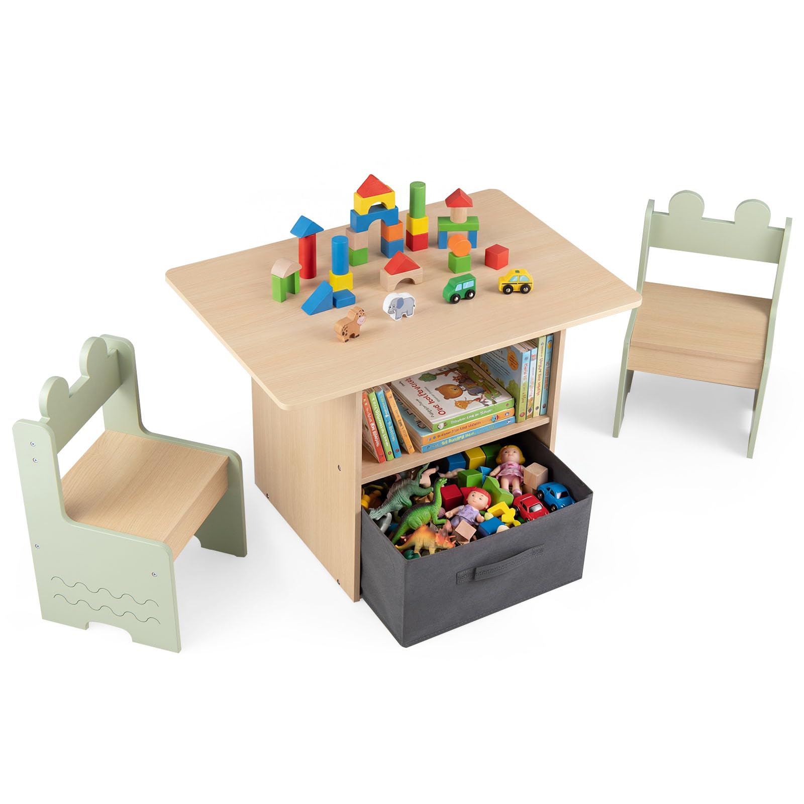 COSTWAY Table Enfant avec 2 Chaises en Bois, Table et Chaises Enfant avec 2 Compartiments Ouverts, Tiroir Pliable en Tissu, Patins Antidérapants, Bureau pour Dessiner Jouer, Charge 20/30kg, 3 Ans+
