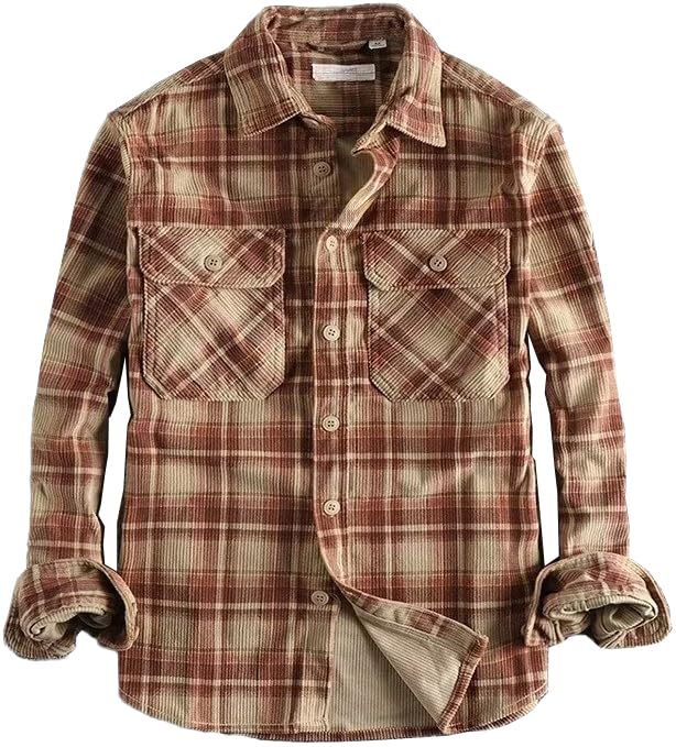Men's Plaid Shirts Long Sleeve Button Down Washed Corduroy Shirts Casual Vintage Lightweight Shirt Jacket(Brown,L)