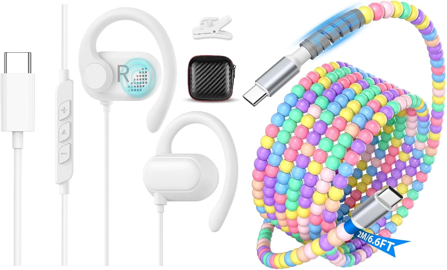 Open Ear USB-C Headphones,USB C Cable Beaded Fast Charging 6.6FT,Cute Beads String 60W 45W 40W 30W 27W 25W 20W USB-C to Type C PD Charge Cord for iPhone 17 Pro Max 16 16e 15 Galaxy S25 FE S24 S23 A17
