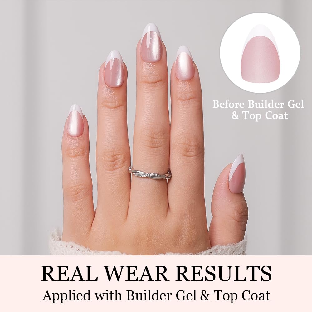 PROTIPS - Unghie finte a pressione, effetto occhio di gatto, 150 pezzi, in gel morbido, riutilizzabili, in 15 misure, stile francese prefabbricate, per manicure fai da te, look da salone