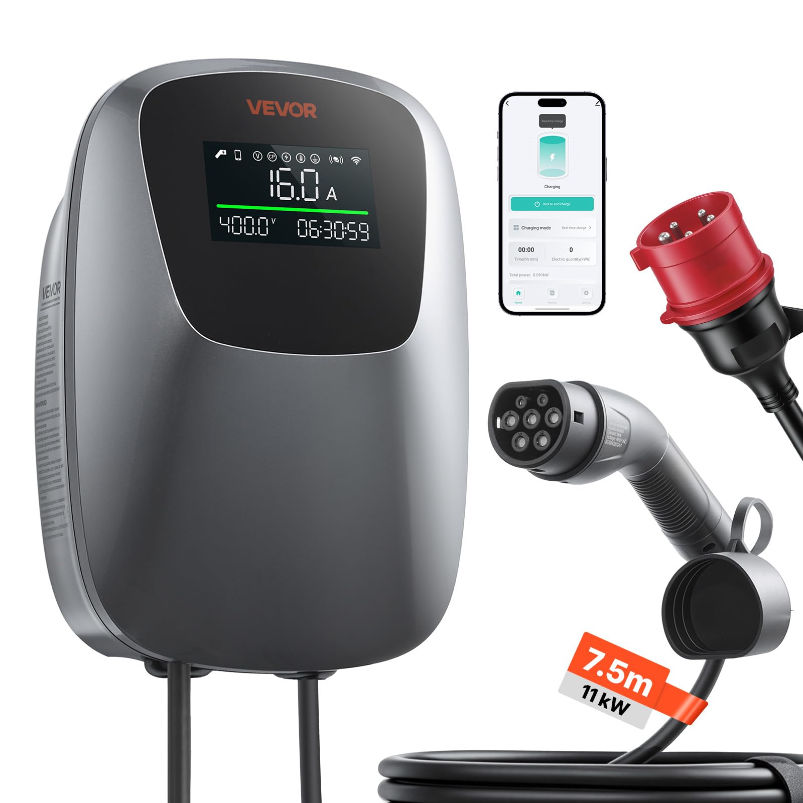 VEVOR Borne Recharge Véhicule Électrique 11 KW Chargeur Triphasé Type 2 CEE pour Voiture Électrique et Hybride Rechargeable, Domestique 400 V CA 16 A, Contrôle Intelligent APP, Écran Numérique, IP65