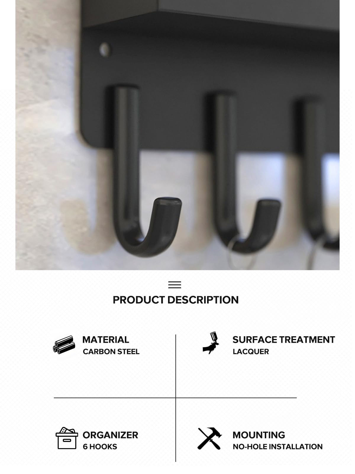 Portachiavi Da Muro Con 6 Ganci | Senza Perforazione | Nero | Per Ingresso E Cucina - Foto 8