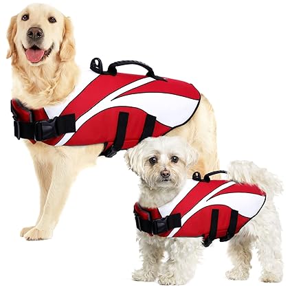 SUNFURA Flotation Dog Life Jacket with Buoyancy and Rescue Handle, Ripstop Puppy Lifesaver Preserver Pet Life Vest for Small Medium Large Dogs, Reflective Adjustable Pet Swimsuits Float Coat Red L
