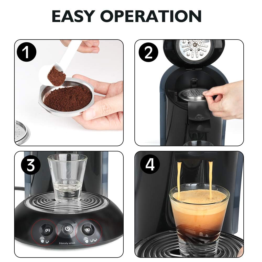 i Cafilas Cápsula de café rellenable de acero inoxidable para rellenar, compatible con Philips Senseo, cápsulas de recambio reutilizables para máquinas Philips Senseo (2 cápsulas de café+tamper)