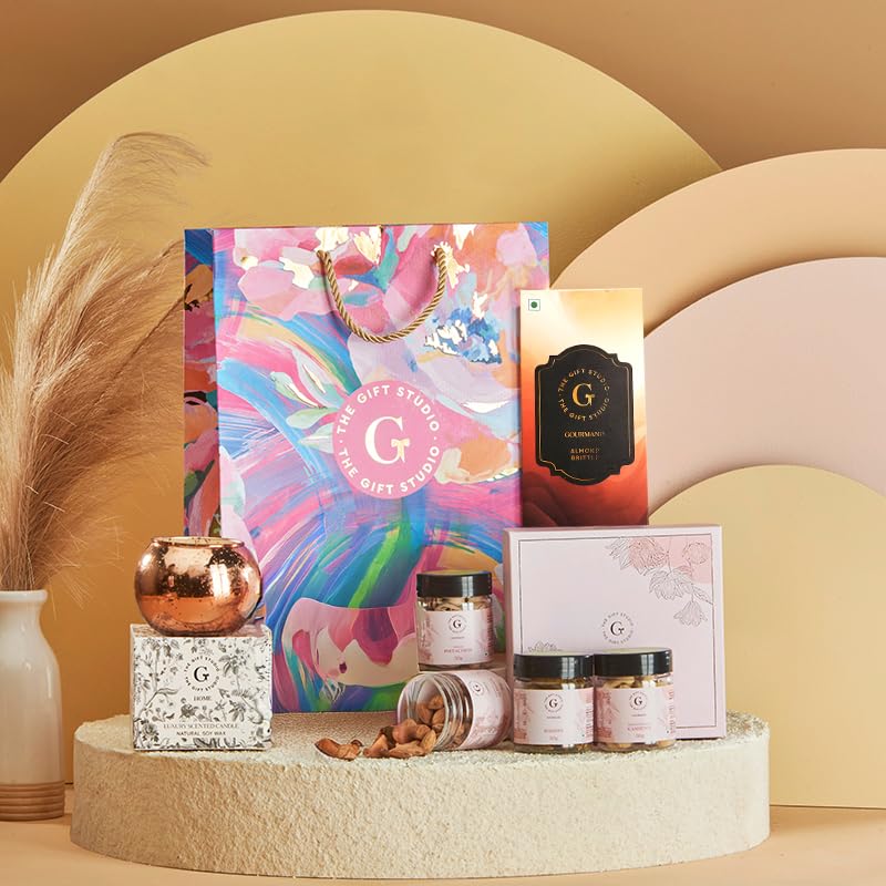 Moment of Calm Hamper Lime Blossom Scented Glass Jar Candle, Almond Brittle & Happiness Dry Fruit Box | Floral Stroke Gift Bag | Relaxation & Mindfulness Gift Set