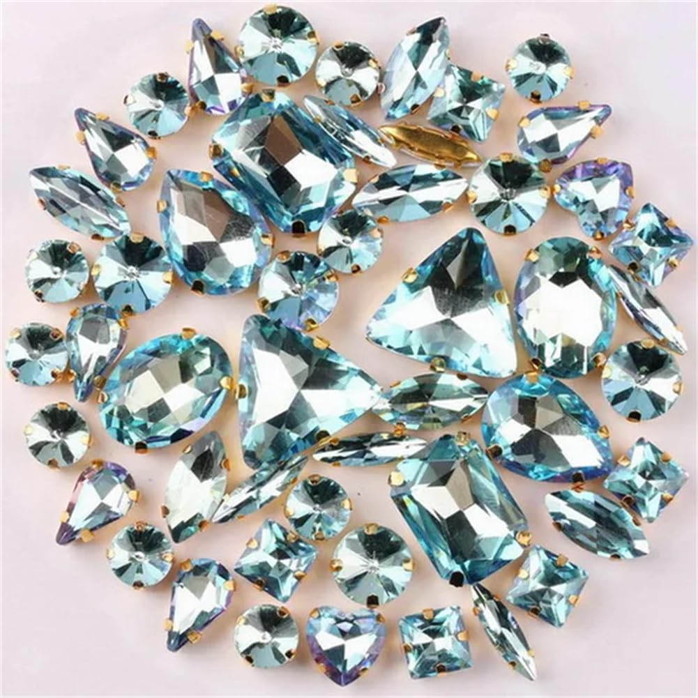 Rhinestones, 50Pcs/Bag Gold Claw Sew On Rhinestone Shapes Mix Rainbow Jelly Candy AB Glass Crystal(A2 Aquamarine RB)