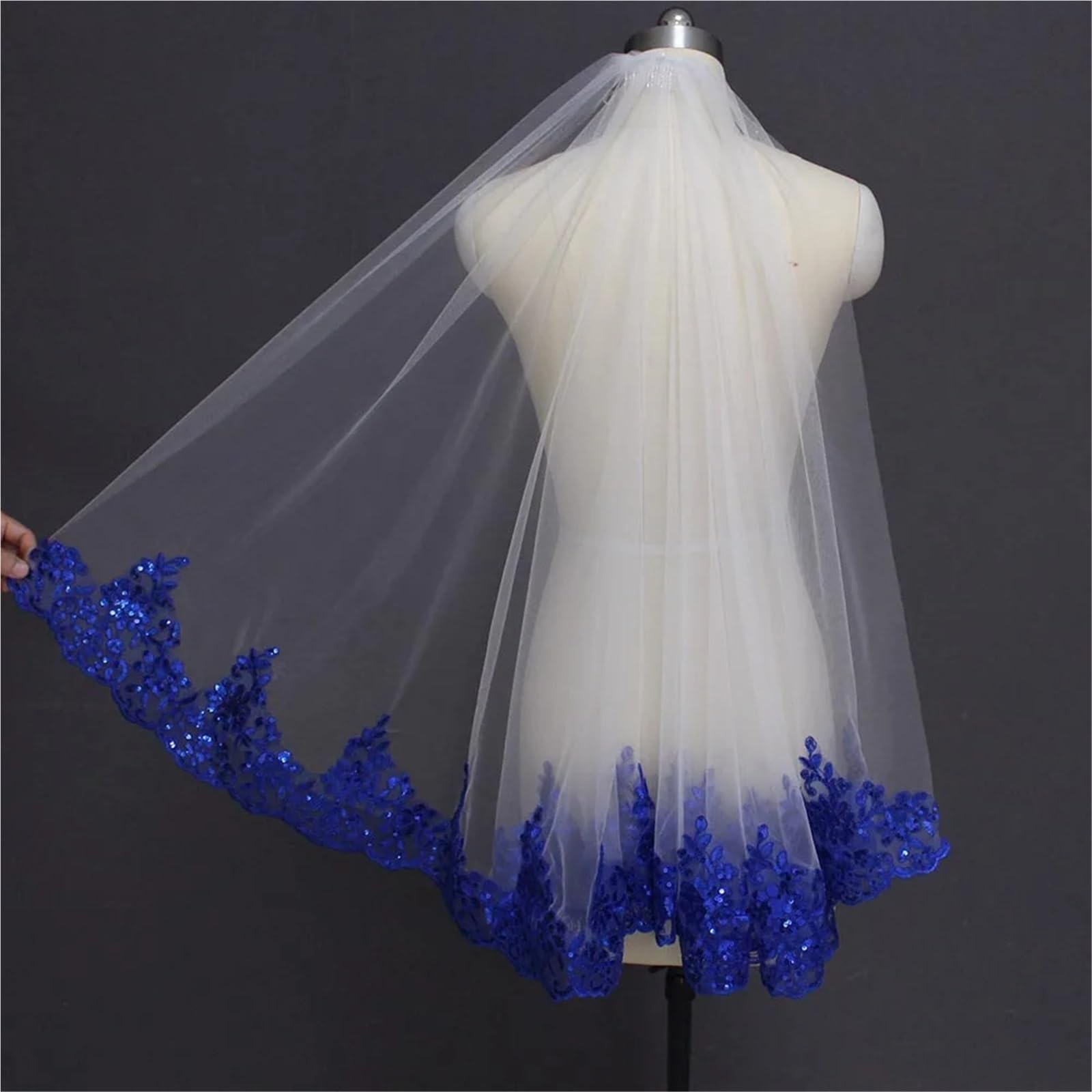 Brautschleier Blauer, Paillettenbesetzter Brautschleier Aus Weißer Und Elfenbeinfarbener Spitze, Einlagiger, Kurzer, Glänzender Hochzeitsschleier Mit Kamm(75cm)