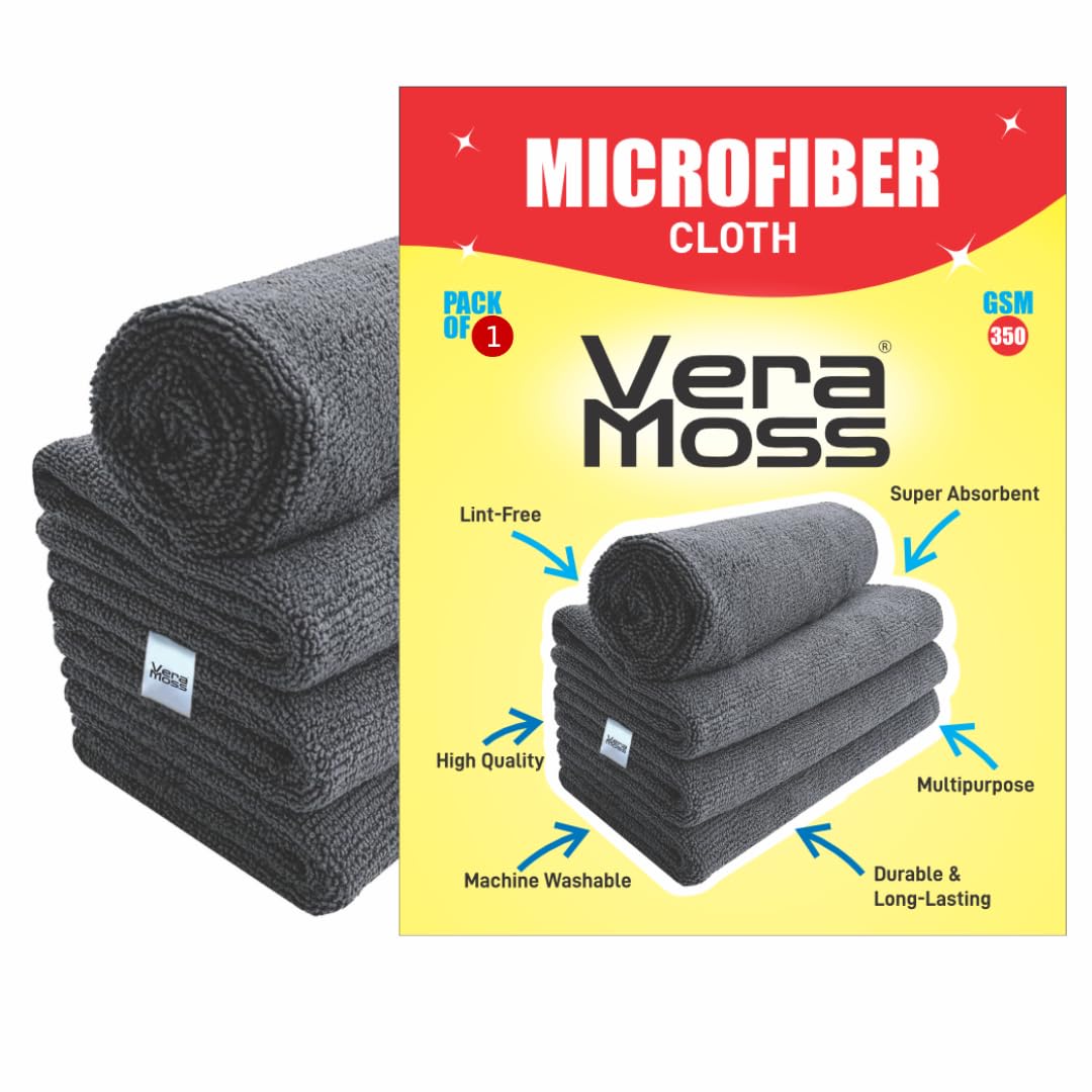 Vera Moss Microfiber Cloth (Grey, Pack of 1) - 30x30 cms - 350 GSM - Thick Lint & Streak-Free Multipurpose Cloth - Automotive Microfibre Towel for Car Bike Cleaning Polishing Washing and Detailing