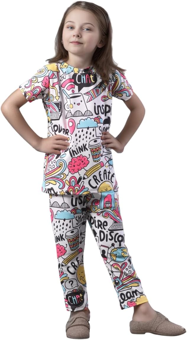 TiniMini Kids Girls' Cord Set – Printed T-Shirt & Track Pants | Polyester Blend | Age 2–12 Years | 4 Color Options