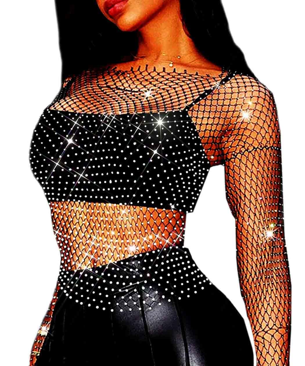 FstrendMesh Body Chains Crystal Long Sleeve Fishnet Crop Tops Rhinestone  See Through Cover up Bikini for Women (XS)
