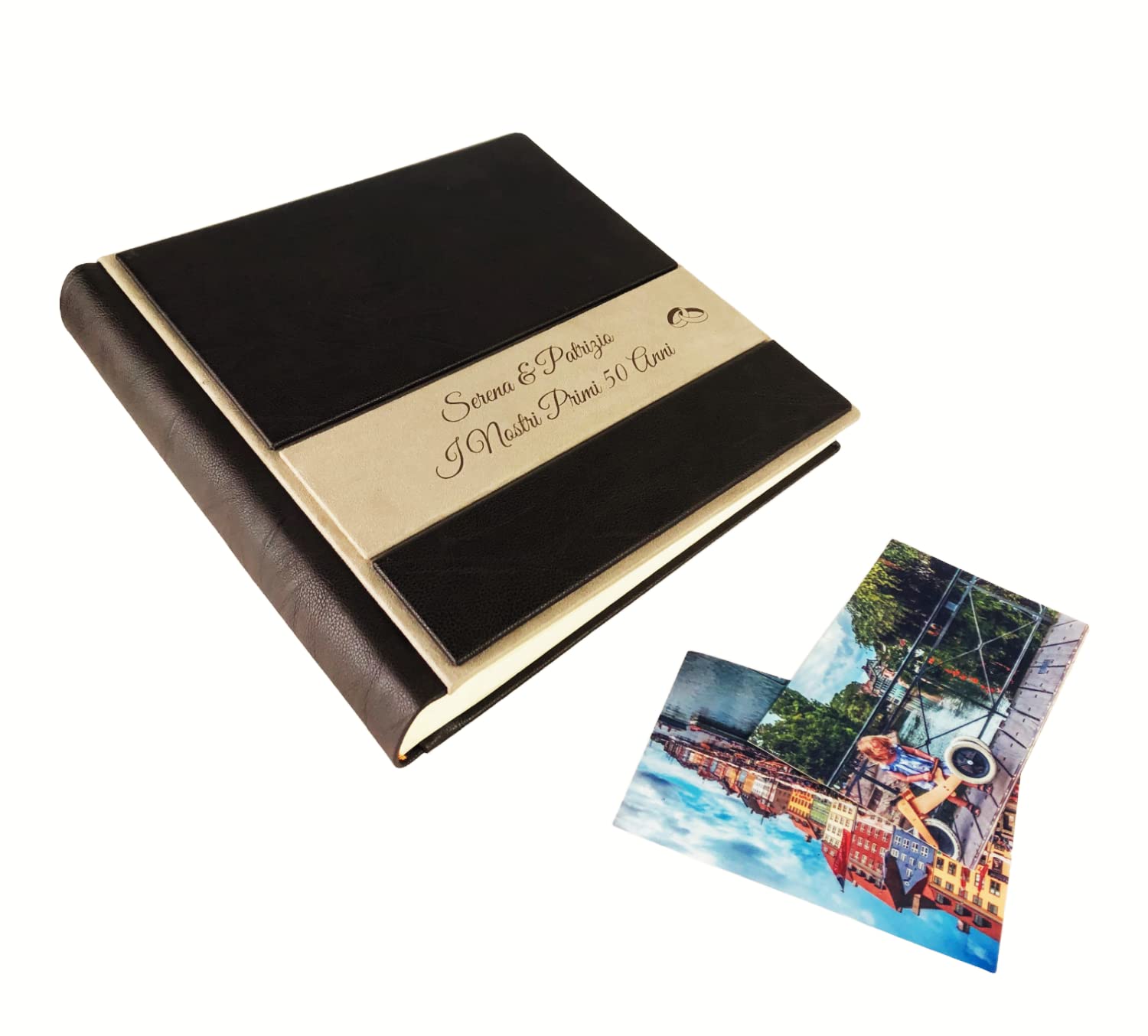 TriVin Art Album Fotografico Artigianale in Alcantara e Similpelle, Personalizzabile con Incisione. Ideale per Qualsiasi Evento. (Marrone Scuro/Avorio)