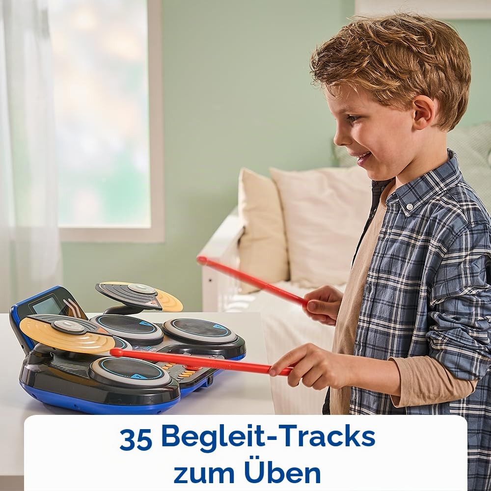 VTech - Kidi DJ Drums, elektronisches Schlagzeug für Kinder mit Leuchtpads, Becken, Sticks, Bluetooth, Klinkenstecker für Kopfhörer, Lernen und Spiele, Geschenk für Kinder ab 6 Jahren – Inhalt auf