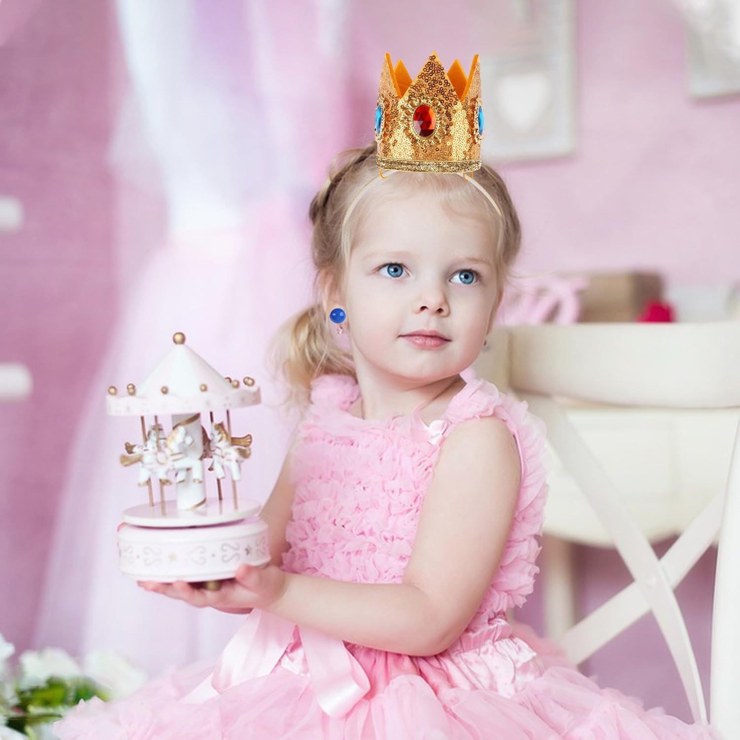 RNHDLY Princess Peach Costume Accessories 4 Pieces Women's Set including Crown, Earrings, Gloves - Image 4