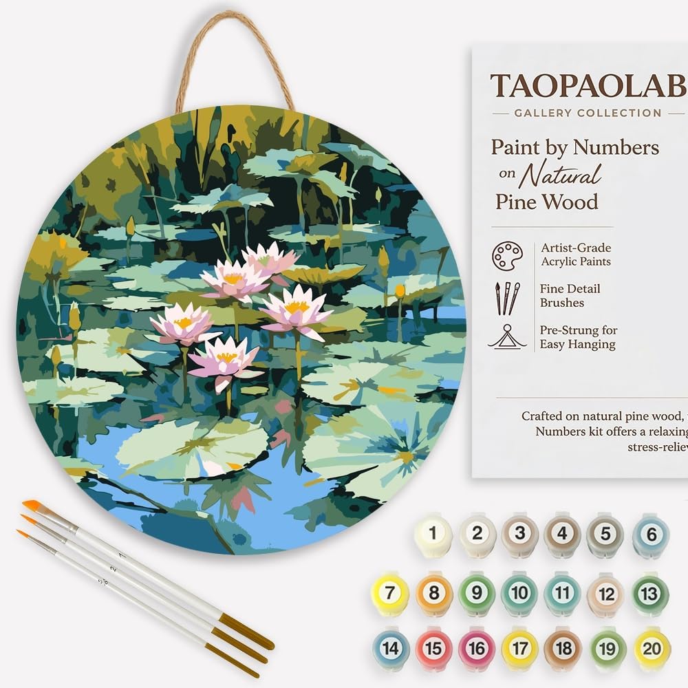 Sunset Water Lily Paint by Numbers Kit for Adults on Wood Board – DIY Natural Floral Lake Wood Craft Painting Kit, 12 in Round, Acrylic Paint Set, Beginner-Friendly, Relaxing Home Decor Gift