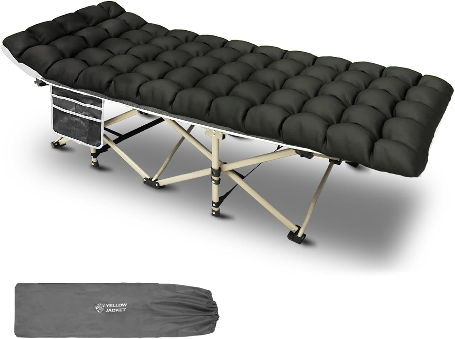 YELLOW JACKET Camping Cot with Mattress for Adults, Folding Sleeping Cot 600lbs Max Load, Portable Camping Cot with Carry Bag, 28" Wide Cot for Camping, Home,Office,Travel (Black)