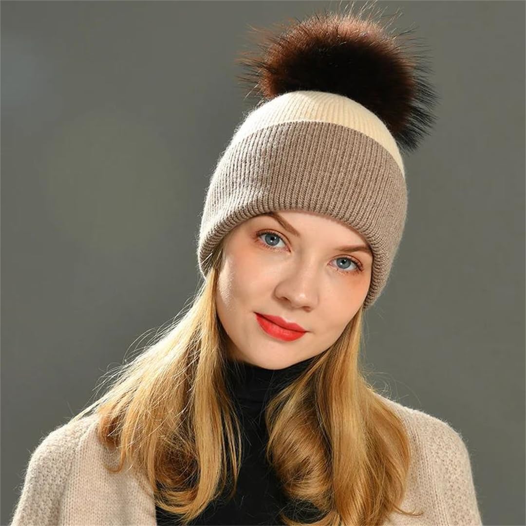 Gorro De Punto De Cachemira Para Mujer, Gorro De Lana A Rayas Con Pompón De Piel Grande, Gorro Cálido Para Otoño E Invierno