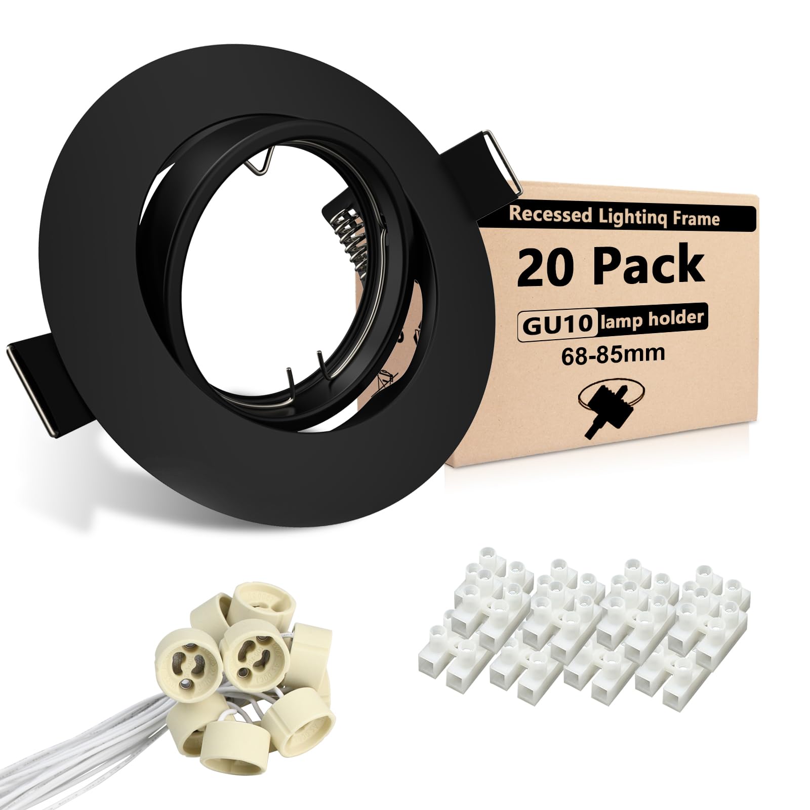 20x LED Einbaustrahler Rahmen GU10 Schwenkbar Einbaurahmen 68mm Schwarz Rund Deckenspots 230V inkl. GU10 Fassung LED oder Halogen
