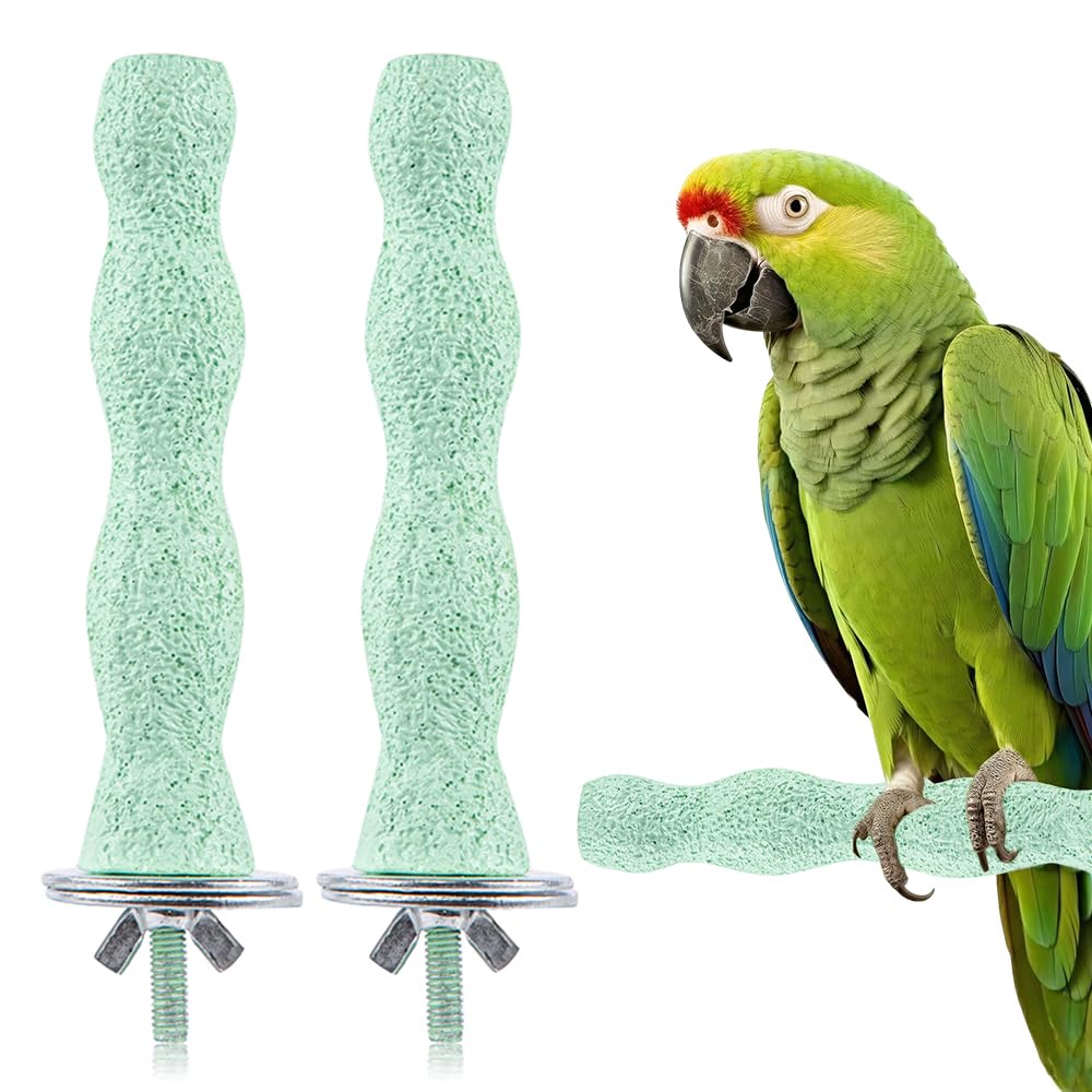2Pcs Bird Perch Parrot Stand Cage Accessories, Rough Surfaced Quartz Sand Claw Grinder Stick, Nail Trimming Beak Sharpening Paw Rest for Parakeets Cockatiels Budgies Conures Lovebirds, Green