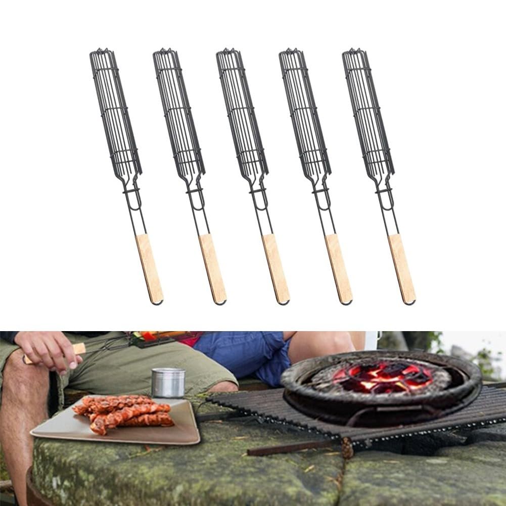 Lot de 5 paniers de barbecue avec poignées en bois, cages en maille robuste pour saucisses, viande et légumes