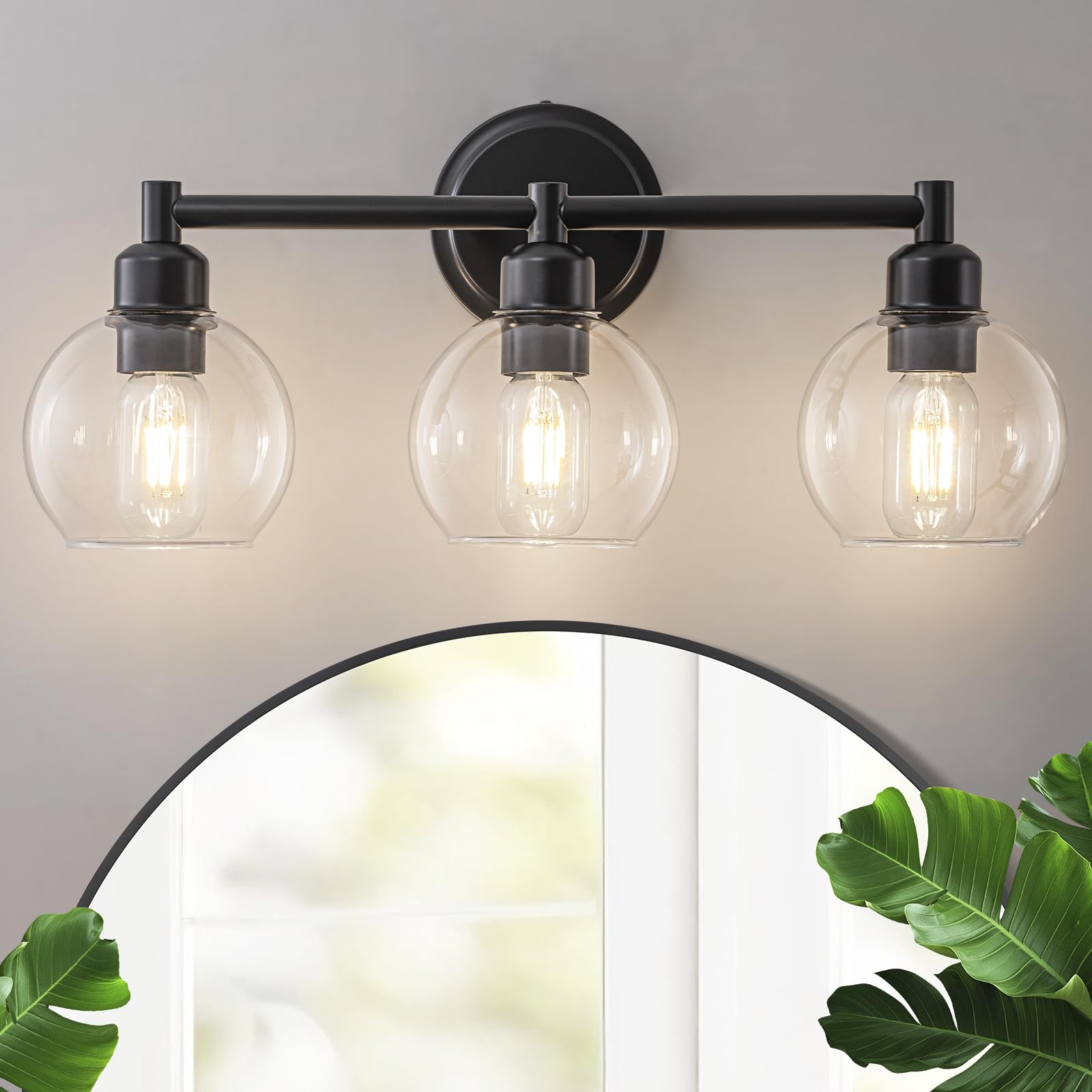 Yezgge Modern Black Bathroom Vanity Lights,3-Light Matte Black Bathroom Light Fixture with Clear Glass Globe Shades, Adjustable Brightness Vanity Lighting fixtures for,Kitchen,Bedroom,Hallway