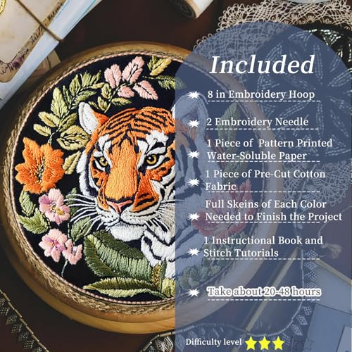 Image of FONNUY Tiger Floral Embroidery Kit, Cross Stitch Kits for Beginners, Handmade Crafts with Printed Patterns for Beginner Adults, Easy to Follow Color Thread Needlework, 8'' Hoop