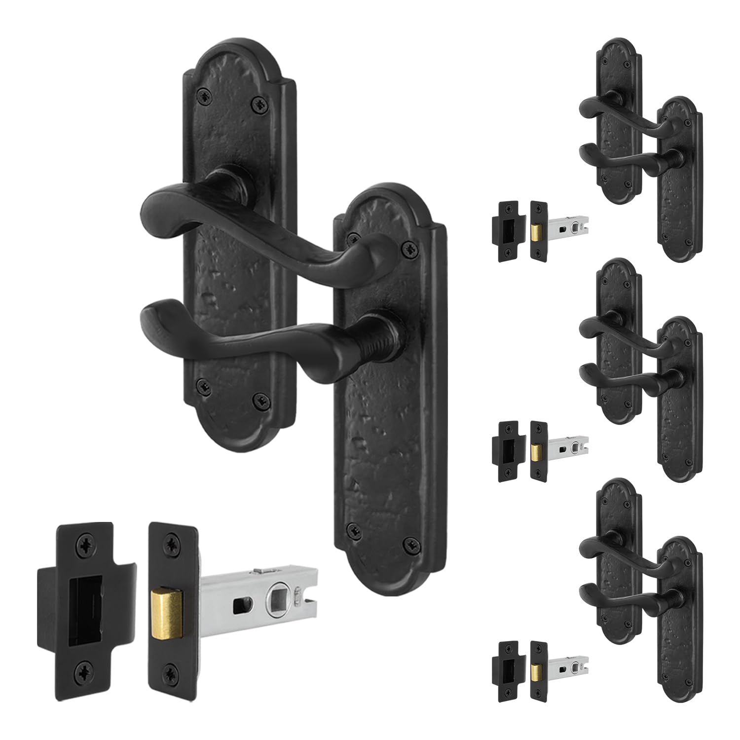 EAI Black Antique Door Handles Latch, 4 Pairs of Cast Iron Scroll Shaped Backplate Internal Handles and Latch 64mm, Alton