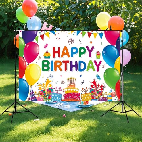 Image of Happy Birthday Backdrop Banner, Colorful Birthdays Banner Backdrop Happy Birthday Party Decorations Yard Sign Background for Kids Birthdays Party Indoor Outdoor Decorations (6x3.6ft)