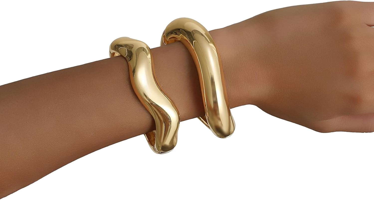 2Pcs Gold Bangle Bracelets for Women 14K Gold Plated Wide Chunky Cuff Bracelets Trendy Minimalist Open Hinged Irregular Stack Bracelet Jewelry Gifts - Image 2