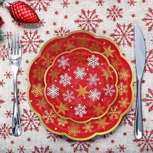 LeZakaa 25Pcs Christmas Paper Plates, Red Snowflake Gold Foil Stamped Finish Scalloped Edge Disposable Party Plates Decorative Tableware Supplies for Holiday Dinner Dessert, 9 Inch – Image 4