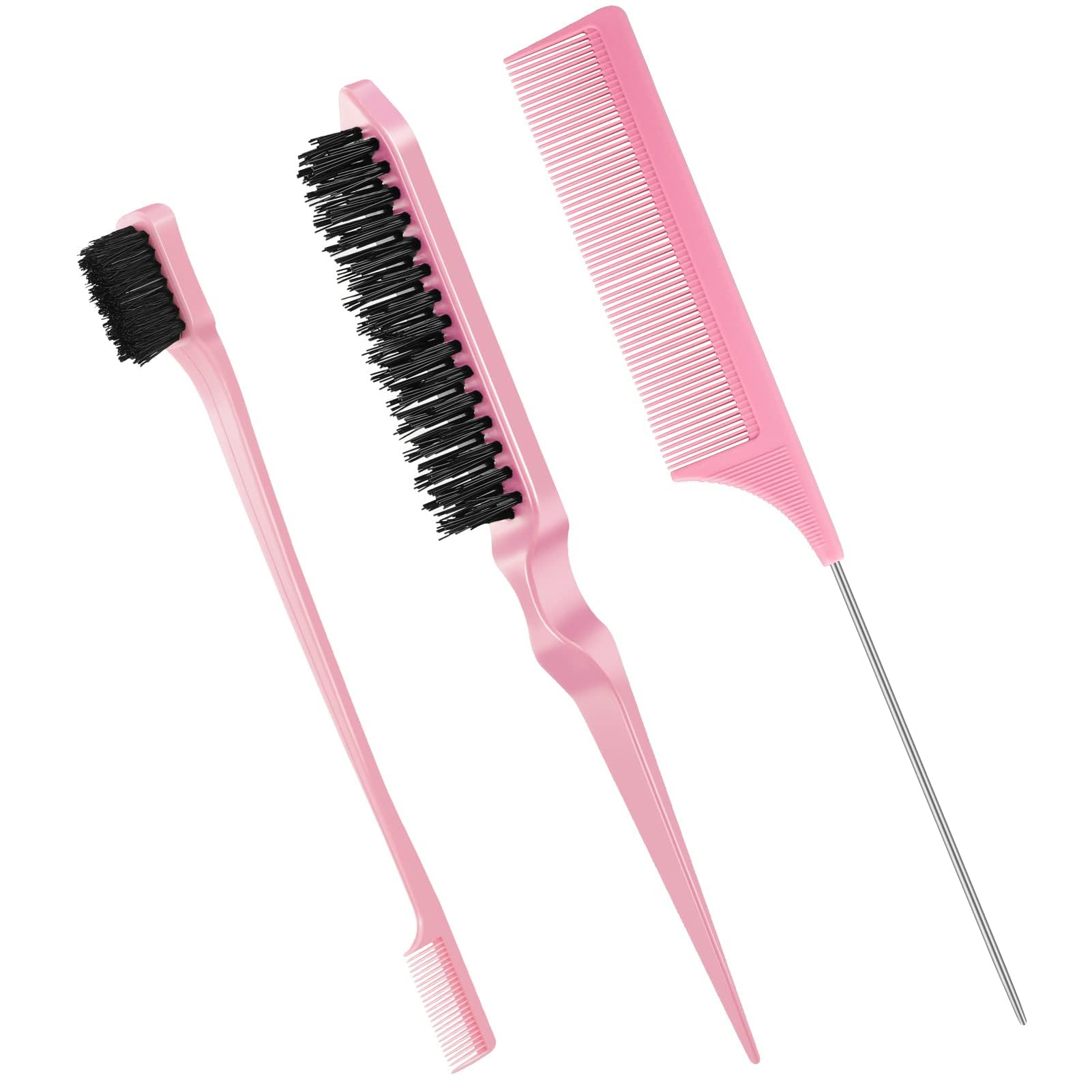 Take Me To Wonderland 3-Piece Hair Styling Comb Set: Teasing, Rat Tail, Edge, and Back Brushing - Achieve Flawless Styles with Ease (PINK, Plastic Metal Nylon)