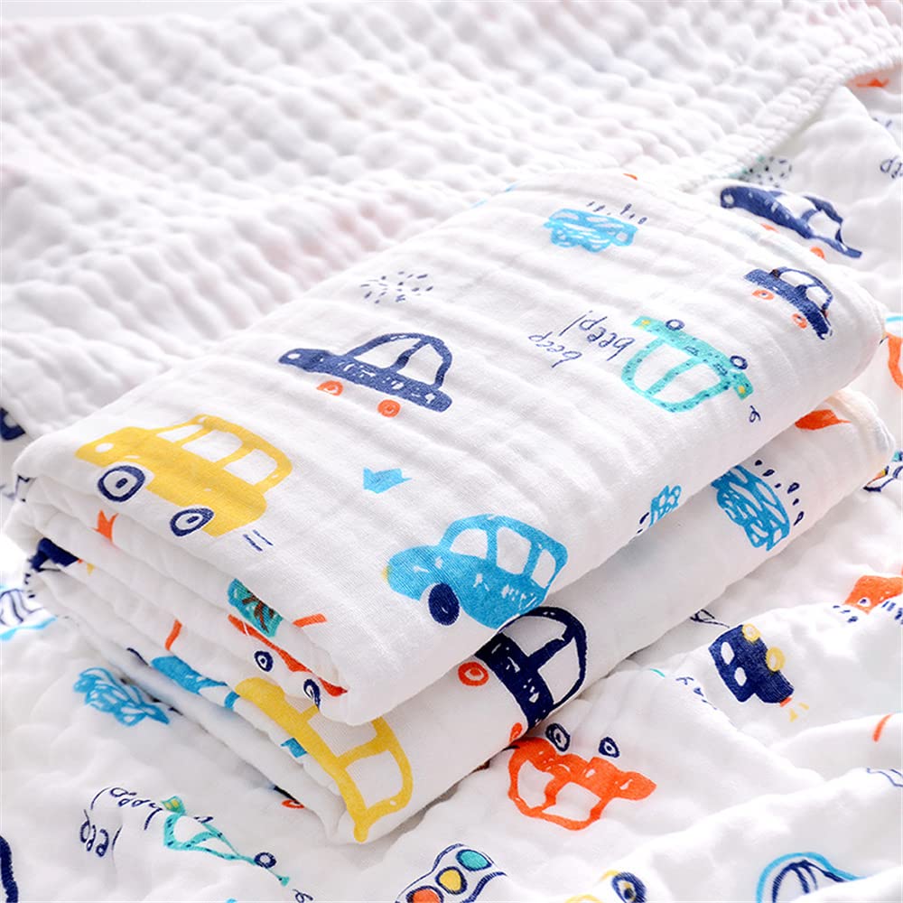 Chickwin Muslins Swaddle Blanket Baby Newborn Soft 6 Layers Cotton Muslins Cloths Cartoon Print Bath Towel Toddler Baby Shower Pram Cot Bed Sleeping Throw (Blue Car,110x110cm)