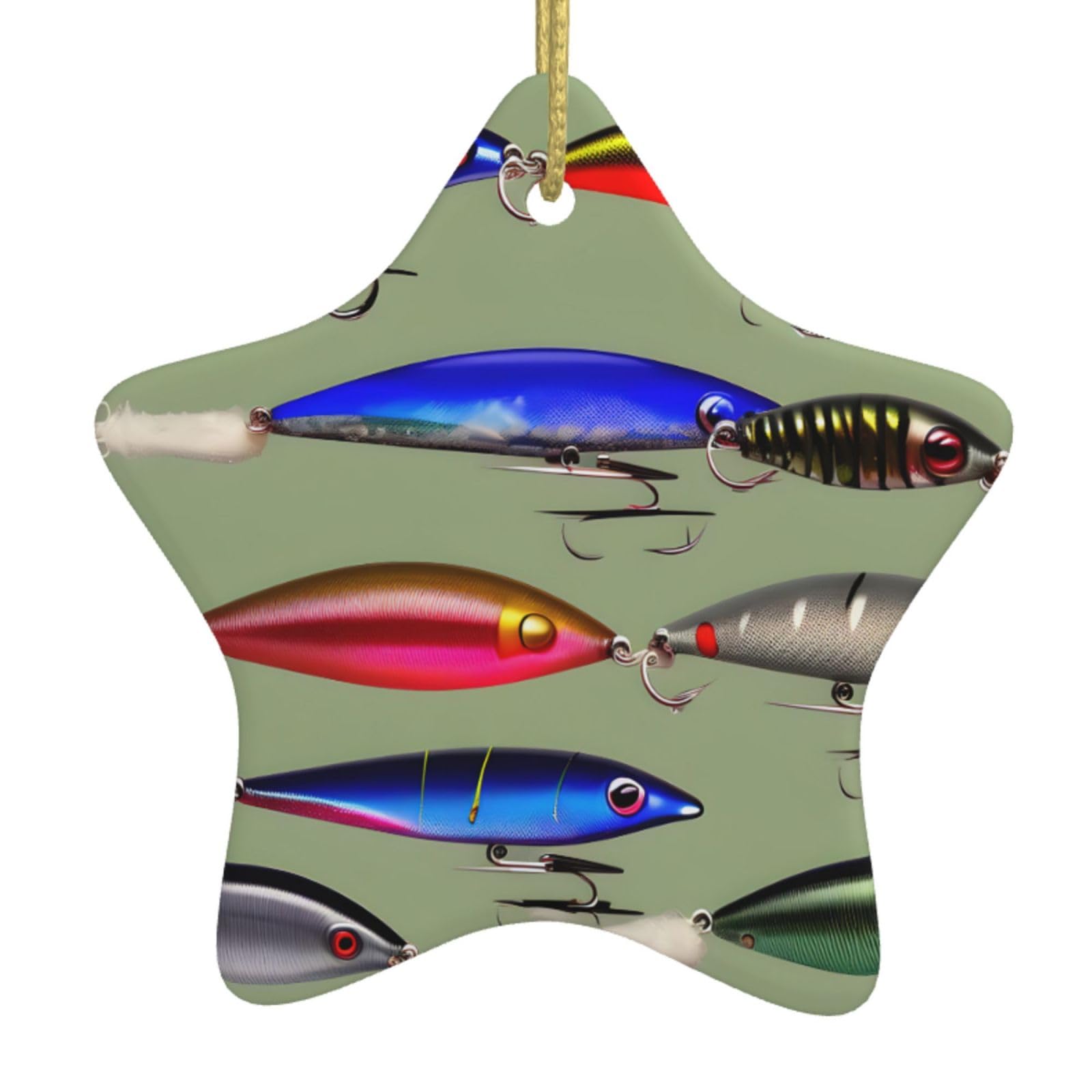 Nbtghga White Fishing Lure Style Print Christmas Ornaments, Ceramic Hanging Ornament, Round Shape Decorations