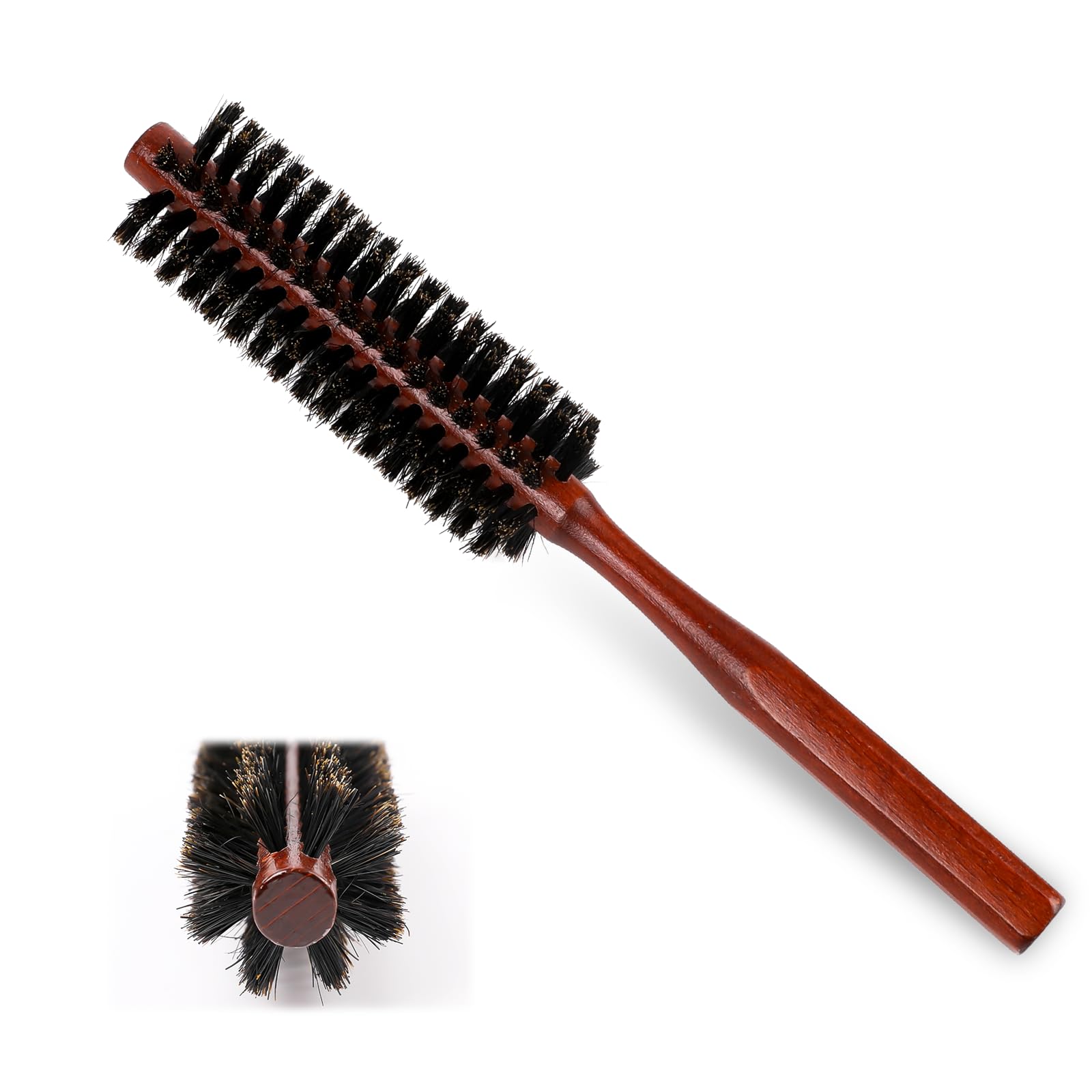 Small Round Hair Brush, Portable Natural Boar Bristle Hairbrush with Wood Handle Mini Bangs Travel Roll Circular Brush