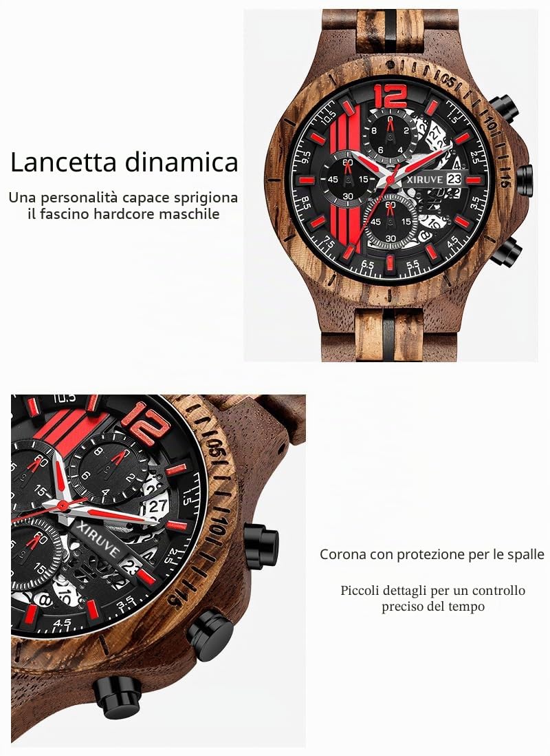 Orologio in Legno da Polso Uomo Calendario Cronografo Quarzo Naturale