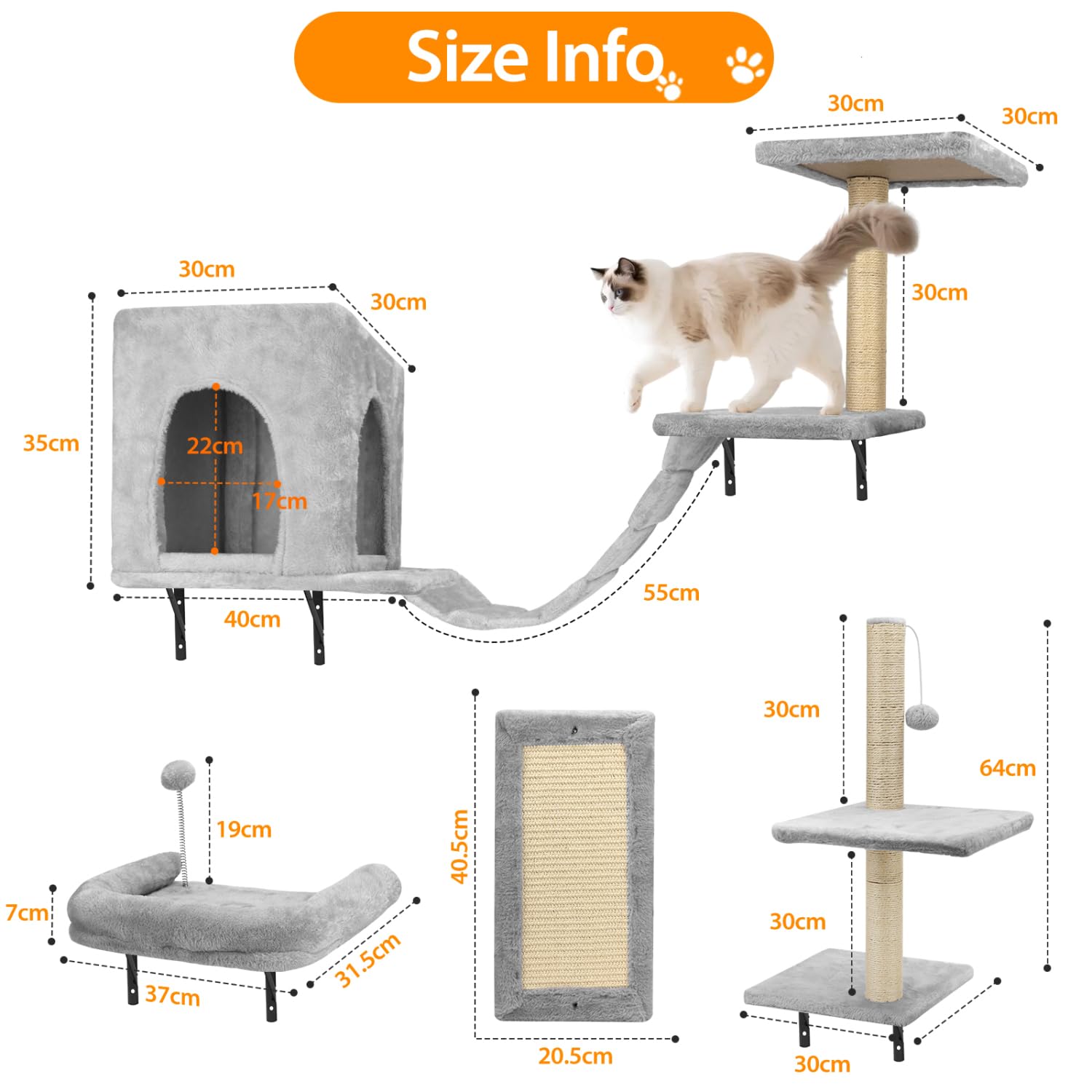 Nobleza Kletterwand Katzen 6 Set, Lounging bis 10 kg, Stabiles Katzen wandelemente für Schlafen, Spielen, 2 Katzenhäuser mit stabilen Kratzsäulen, Hängebrücke & festem Kratzbrett