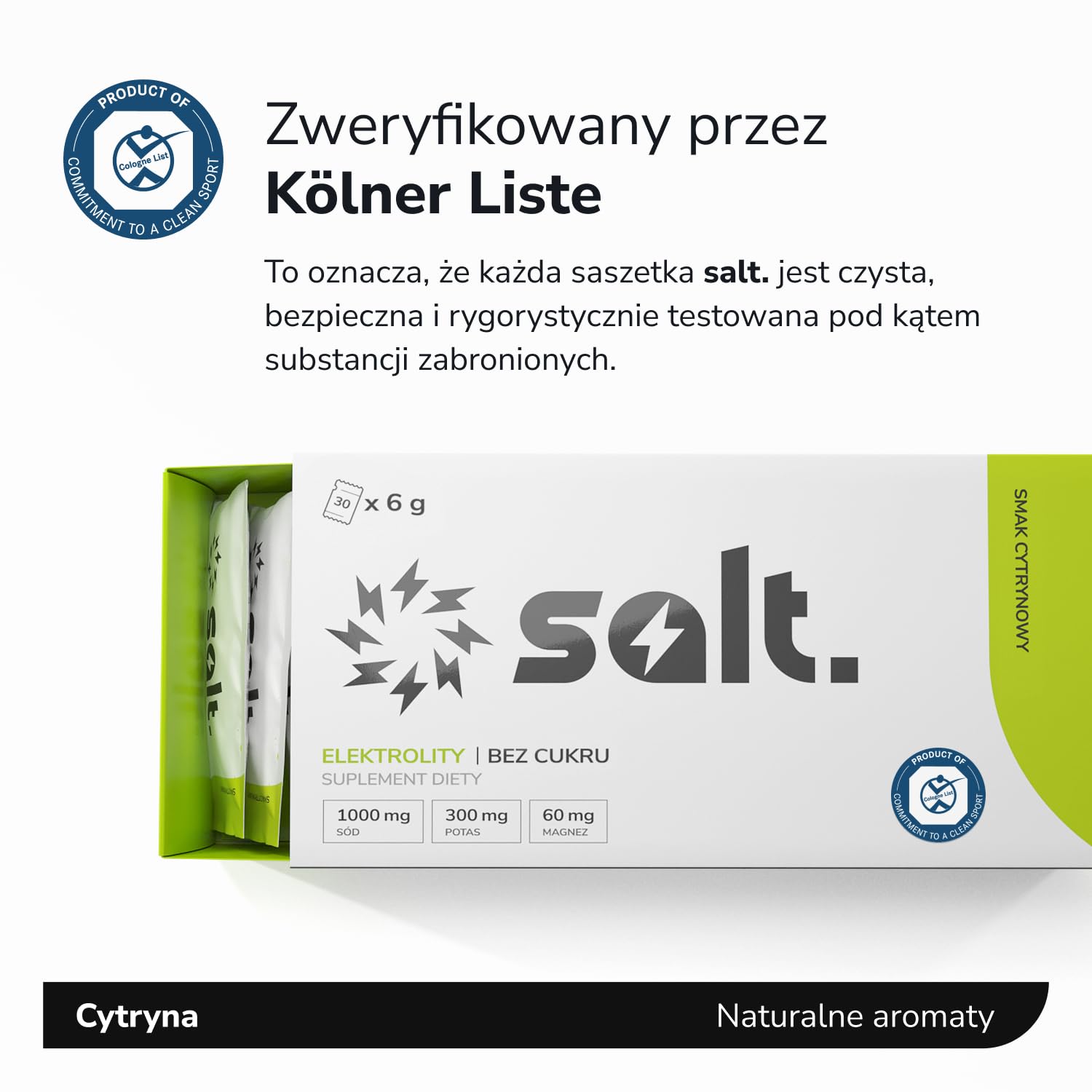 salt. Elektrolity Bez Cukru - 30 SZTUK - Sport, Keto, Vegan, Paleo - 1000 mg sodu, 300 mg potasu, 60 mg magnezu, Cytrynowe