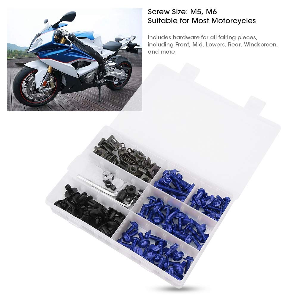 Kit Pernos Carenado Motocicleta, Juego 198 Piezas Tornillos M5 M6 Parabrisas Sujetadores Coloridos Aluminio para Montaje Carenas Motos