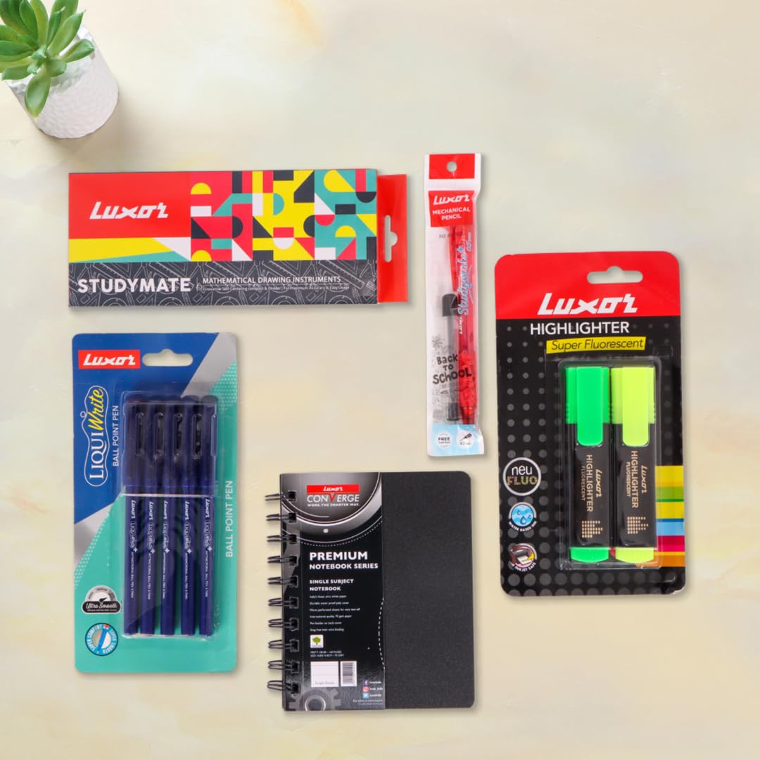 Luxor Schulanfangsset – eine langlebige Geometriebox, glatte Kugelschreiber, Druckbleistift, stabiles Premium-Notizbuch, lebendige super fluoreszierende Textmarker – ein komplettes Set für Schüler