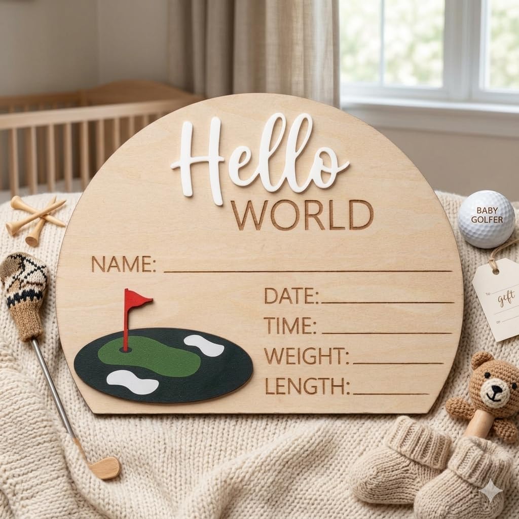 Golf Theme Wooden Birth Announcement Sign for Newborn - Hello World Golfing Plaque for Baby Boy or Girl - Hospital Name Date Weight Stat Board - Nursery Wall Decor Sports Photo Prop Gift