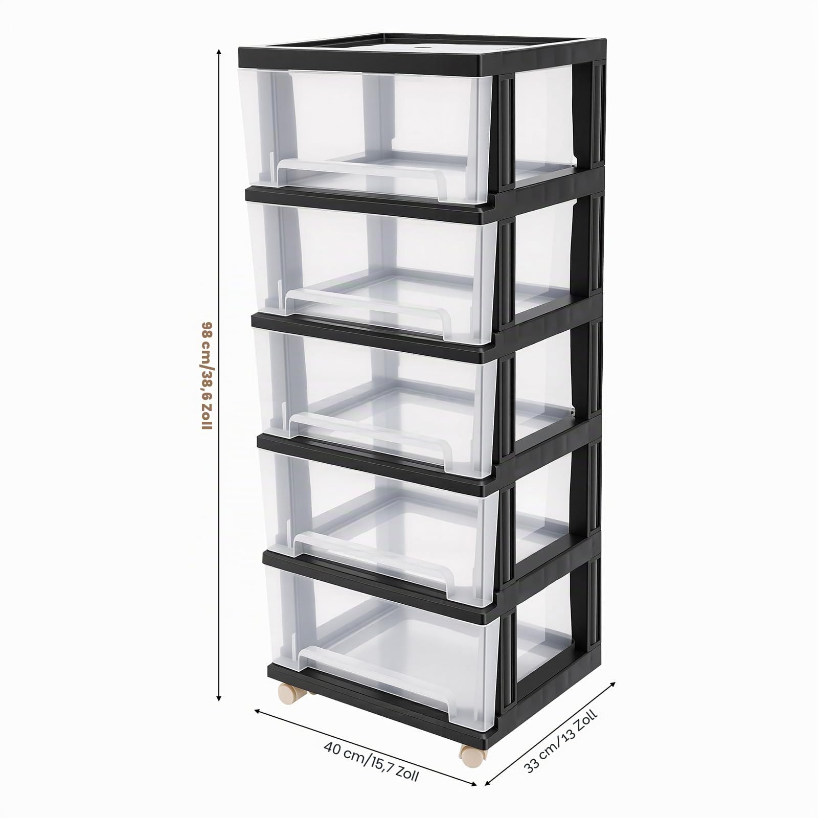 Kunststoff Schublade Transparent Schubladenschrank mit 5 Schubladen und Rollen Rollwagen Rollcontainer Bürocontainer Rollbar Kommode Organizer