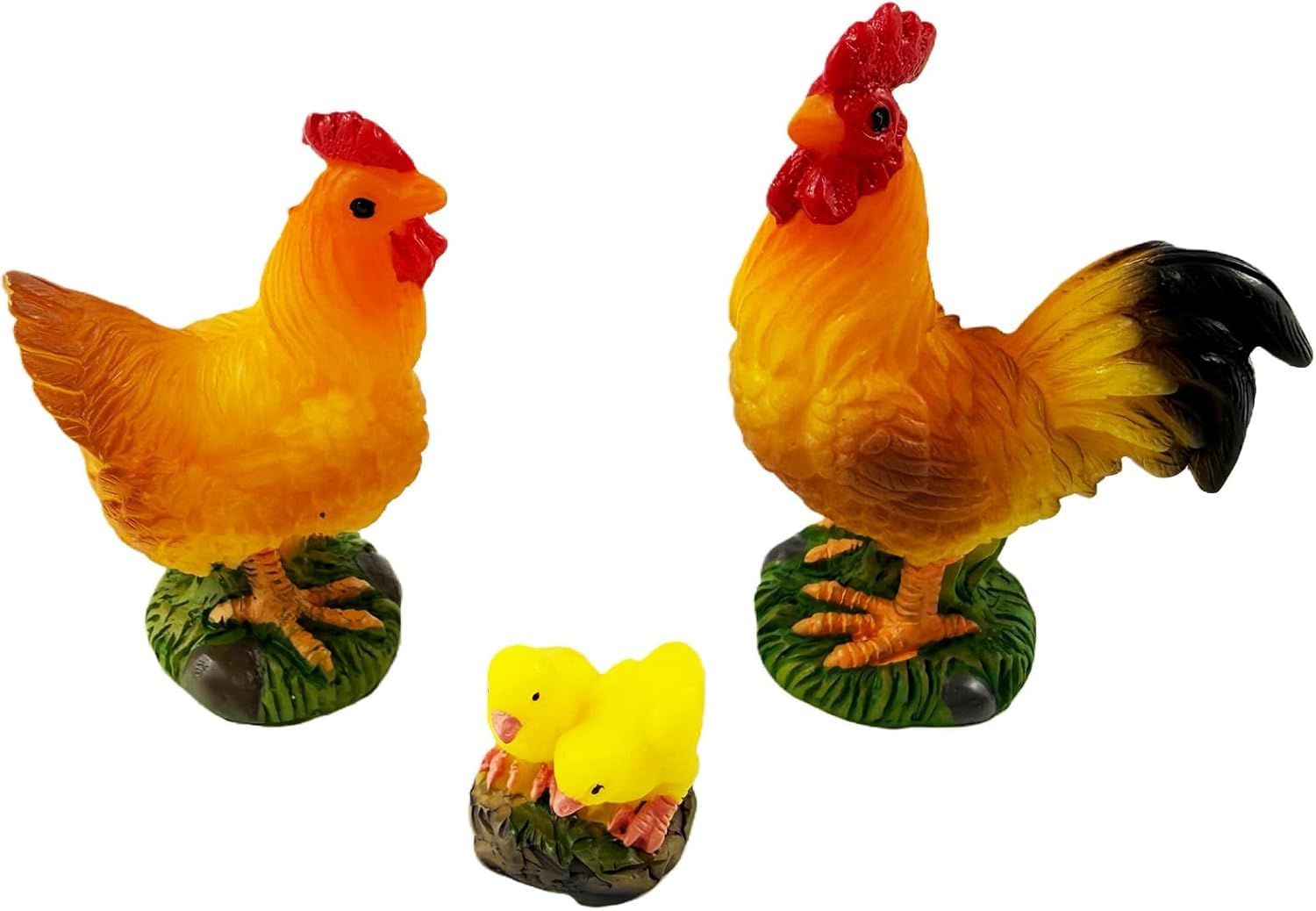 VARACL 3pcs Mini Chicken Family Ornament, Realistic Resin Rooster Hen Chick Figurine Decor, Farm Animal Miniature Fairy Garden Statue for Micro Landscape Plant Decor Desktop Cake Topper Decorations