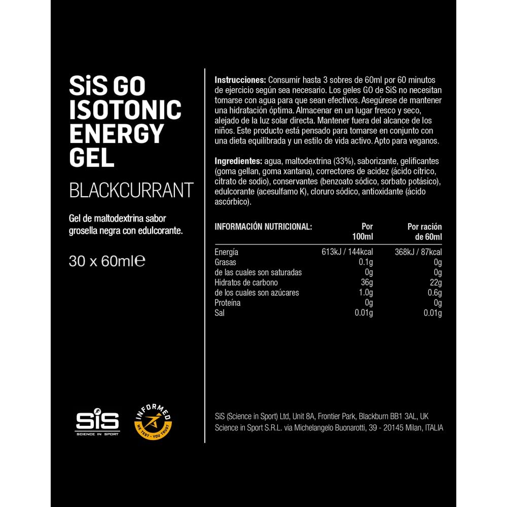 Science in Sport GO Isotonic Energy Gel 30x60ml Grosella negra, Vegano - Formulación isotónica con 22g de carbohidratos, Buen aporte de energía, Alternativa ideal a las bebidas isotónicas