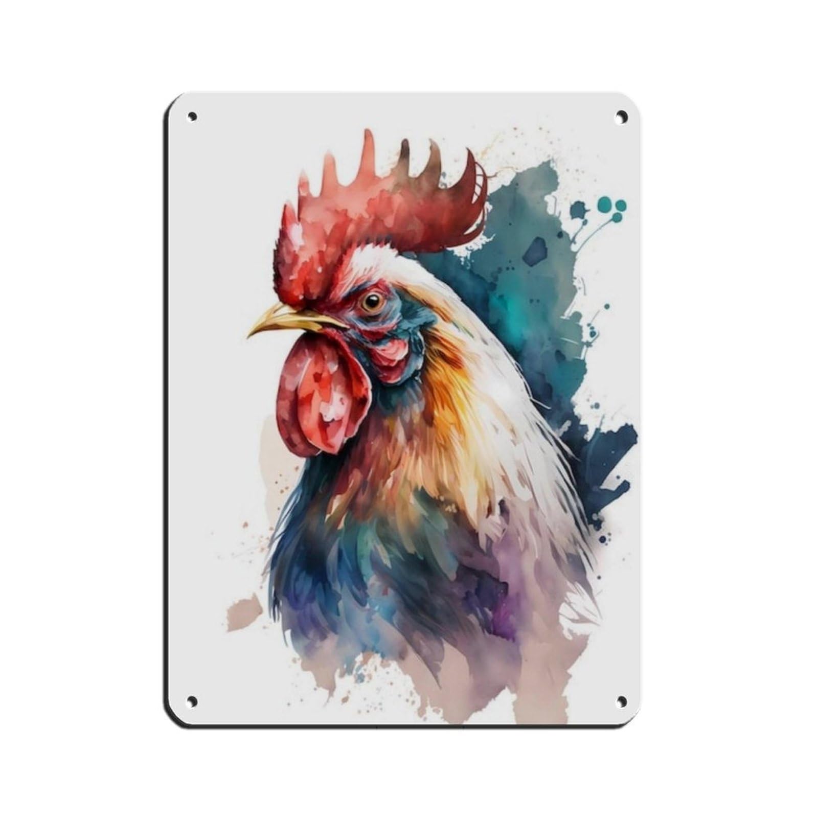 Lxwnze 30L X 40W Cm Watercolor Rooster, Animal Painting Colorful Tin Sign Vintage Metal Pub Club Cafe Bar Home Wall Art Decoration Poster Retro 12X16inch(30X40cm)