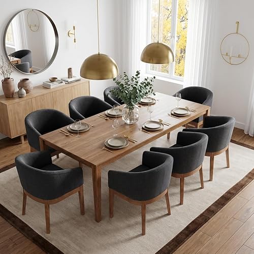 Miniatura 18 de Juego de 8 sillas de comedor modernas de mediados de siglo color beige, sillas de cocina y comedor tapizadas en lino con patas de madera negra, Lino