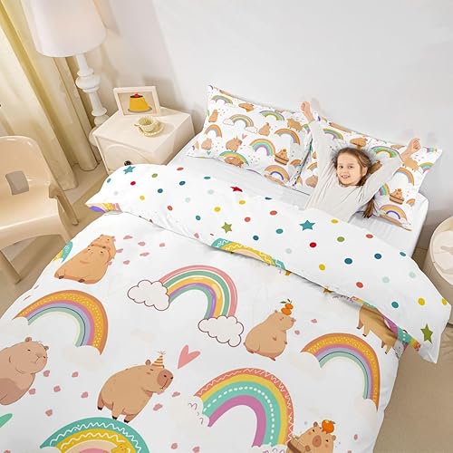 Funda de edredón tamaño individual arcoíris para niñas, funda de edredón de dibujos animados Capybara para niños, regalos para amantes de Capybara,