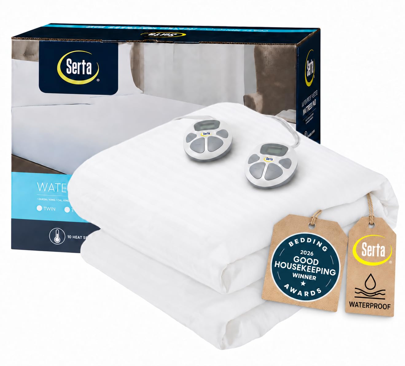 Serta Waterproof Heated Mattress Pad, Queen, Dual Controller