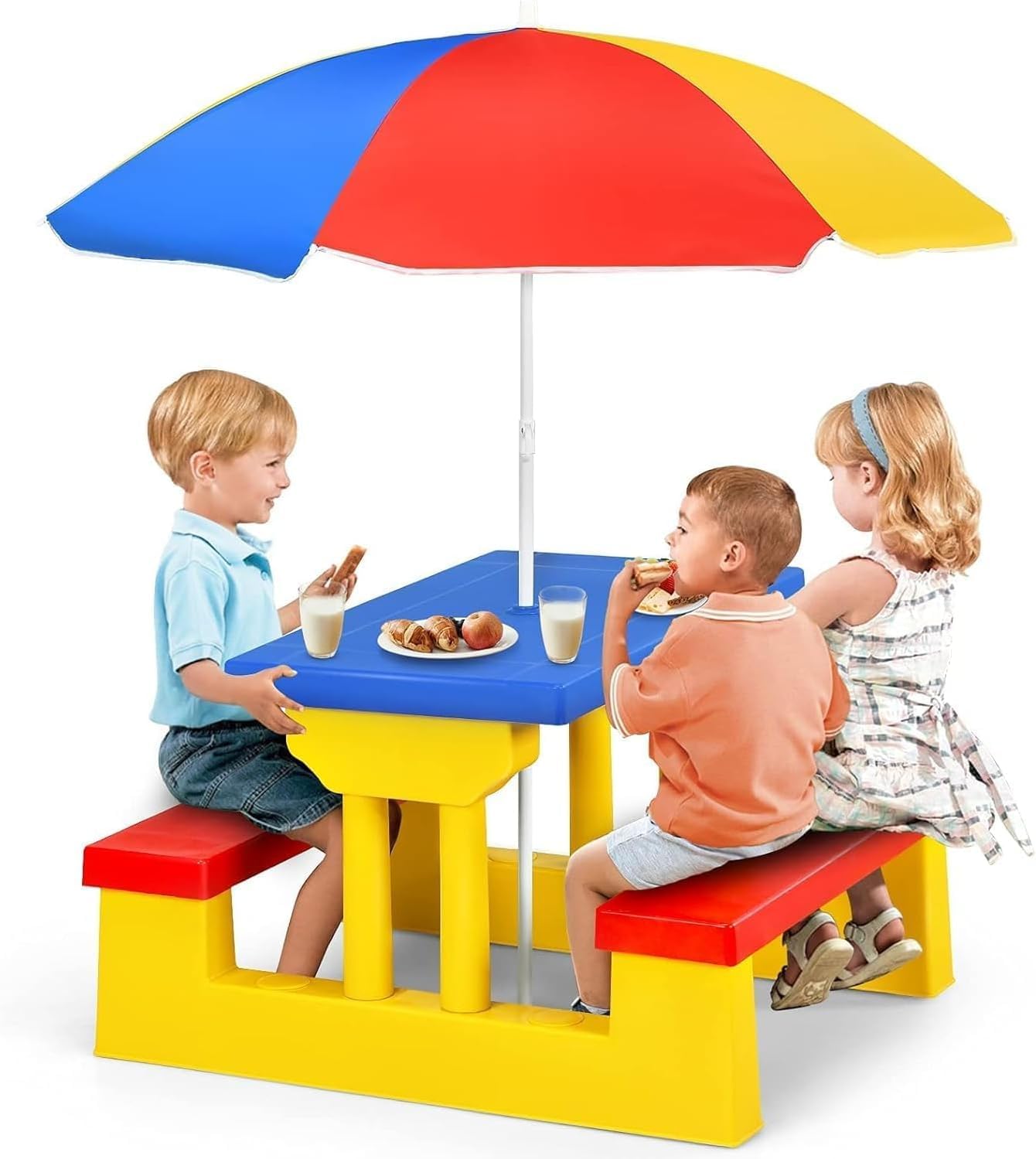 GOPLUS Table Pique-Nique Enfant, Table Extérieure Enfant avec Parasol Amovible, Salon de Jardin en PP, Petit Banc pour Balcon, Patio, Terrasse (Bleu+Rouge+Jaune)