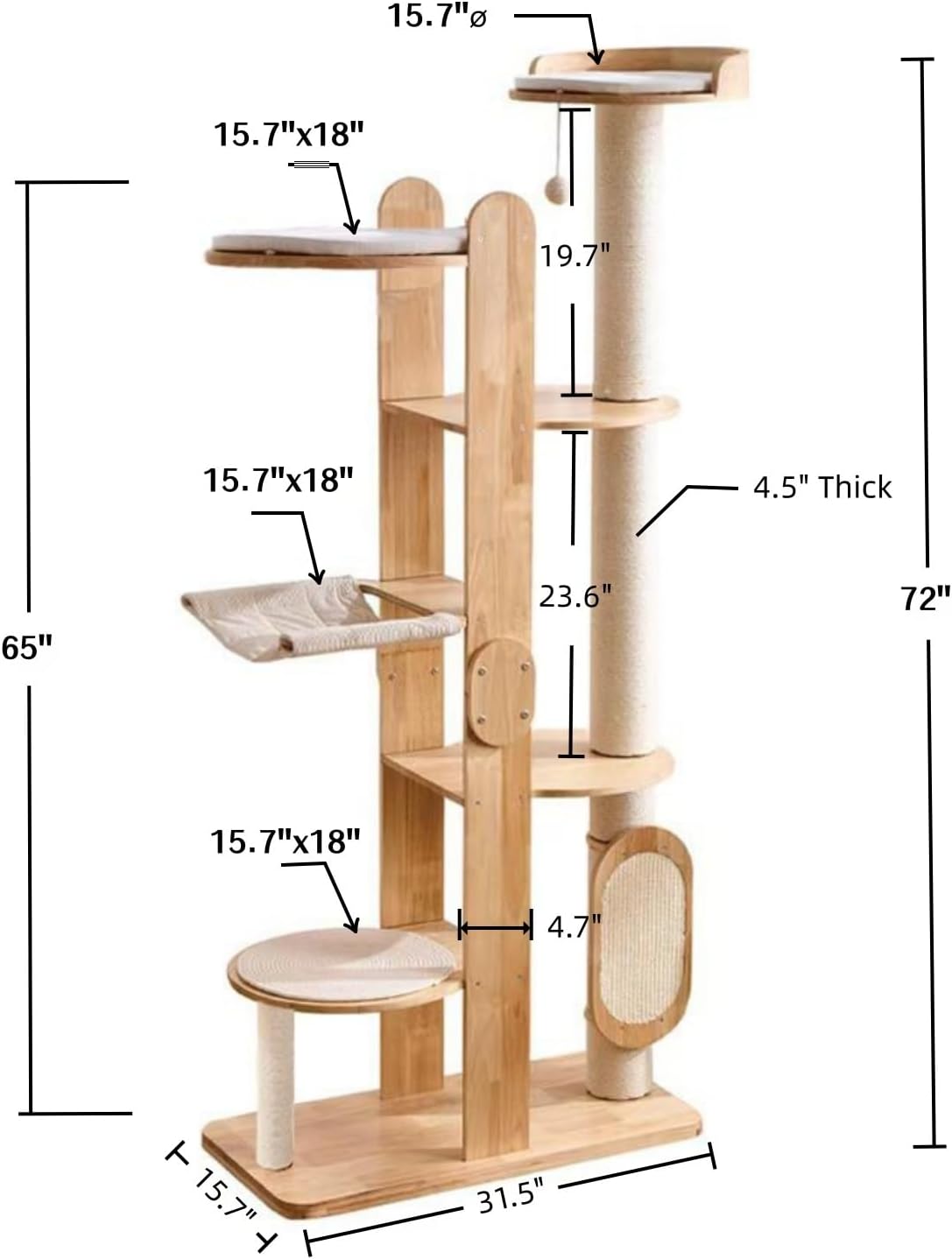 SHENGOCASE 72-Inch Modern Cat Tree Tower Condo for Large Cat, Natural Rubber Wood, Multi-Level Ladder with Hammock, Sisal Scratching Post, Large Perch Platform