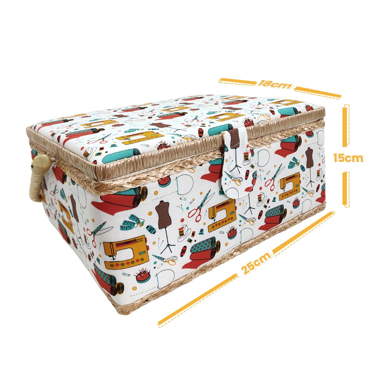 Medium Empty Wooden Sewing Box, Fabric Lined Sewing Box with 8 Compartments, Organizer with Pin, Storage Box with Handle, Tray for Accessories, (Medium, Sewing Machine) - Image 4