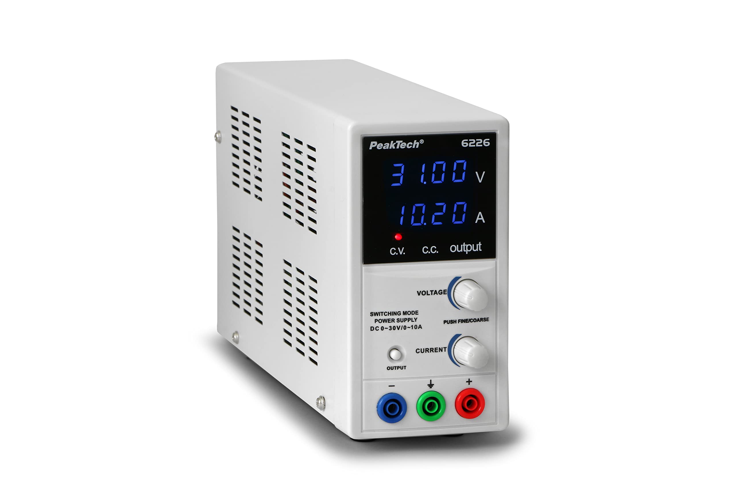 PeakTech P 6226 – Labornetzteil 0-30V/ 0-10A, Regelbar, Labornetzgerät DC mit Blauer 4-Stelliger Anzeige, Stabilisiertes Schaltnetzteil, Überlast- und Kurzschlussfest, schmale Bauform
